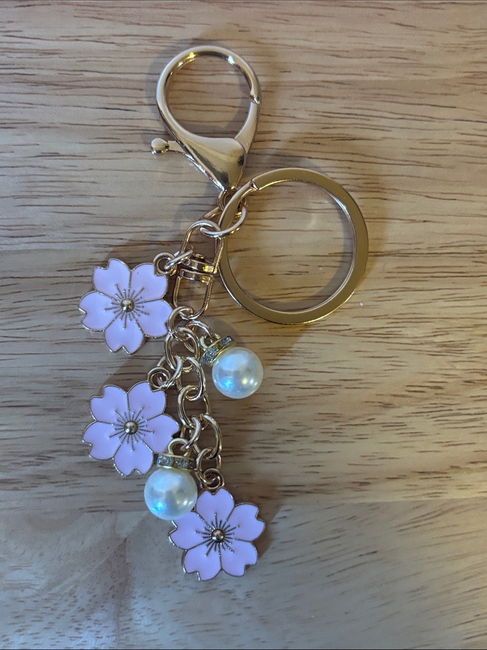 Pink Flowers and Pearls Keychain With Brass Hardware, Floral Bag Charm